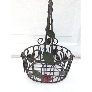 Vintage Metal Basket Leaves & Red Roses Applied Metal & Wire Heavy Welded Rare M